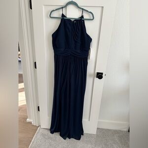 NWT Reverie dark navy blue formal dress, empire waist, chevron ruffle detail, 12